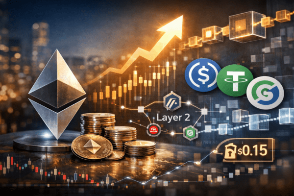 Ethereum blockchain with rising transactions and low gas fees