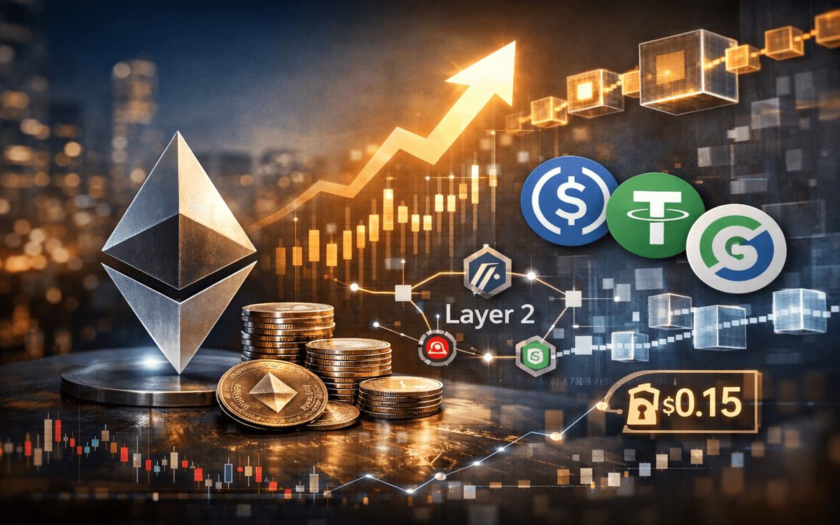 Ethereum blockchain with rising transactions and low gas fees