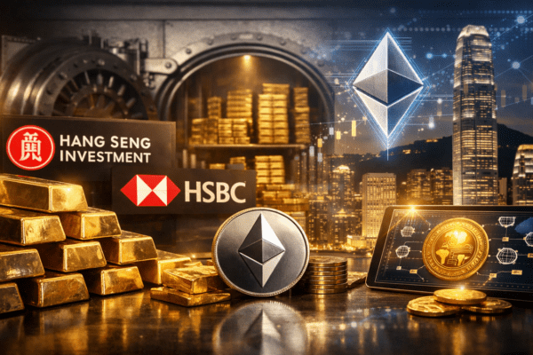 Hang Seng Gold ETF trading on Hong Kong Stock Exchange with Ethereum-based tokenized shares.