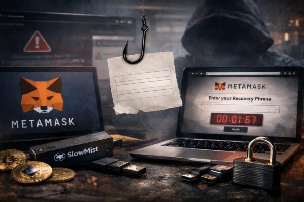 Illustration of a MetaMask crypto wallet being targeted by phishing attacks, showing fake 2FA prompts and warning symbols.