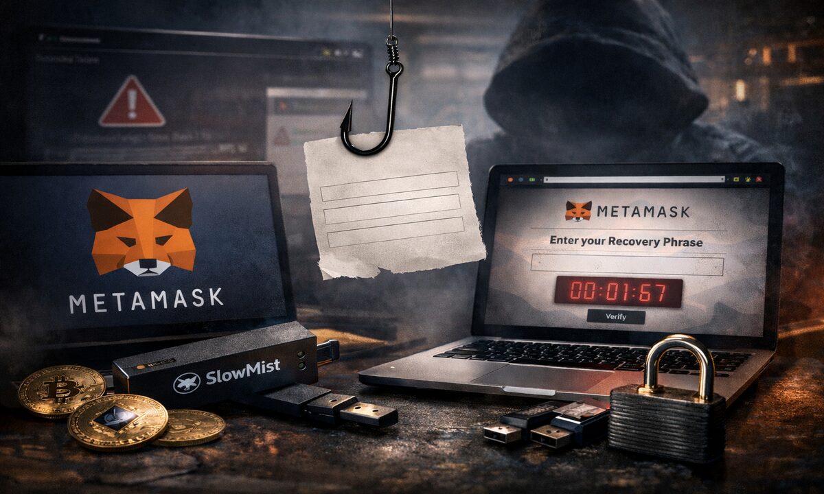 Illustration of a MetaMask crypto wallet being targeted by phishing attacks, showing fake 2FA prompts and warning symbols.