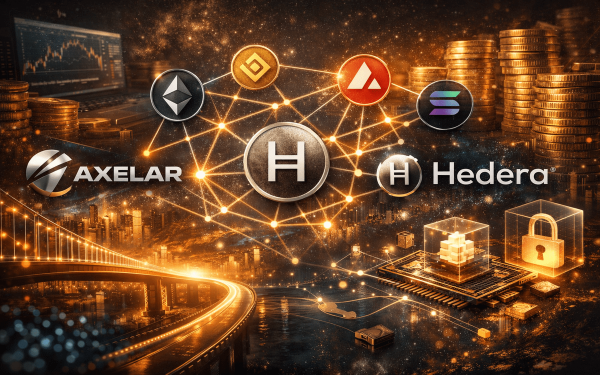 Axelar and Hedera logos connected, symbolizing cross-chain interoperability.