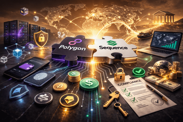 Polygon Labs and Sequence logos over blockchain network background