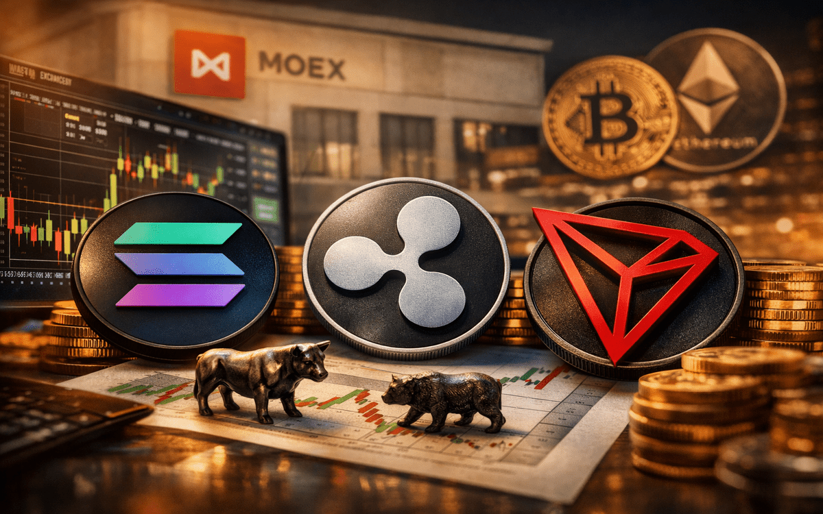 Moscow Exchange crypto indexes for Solana, Ripple, and Tron with trading charts in the background.