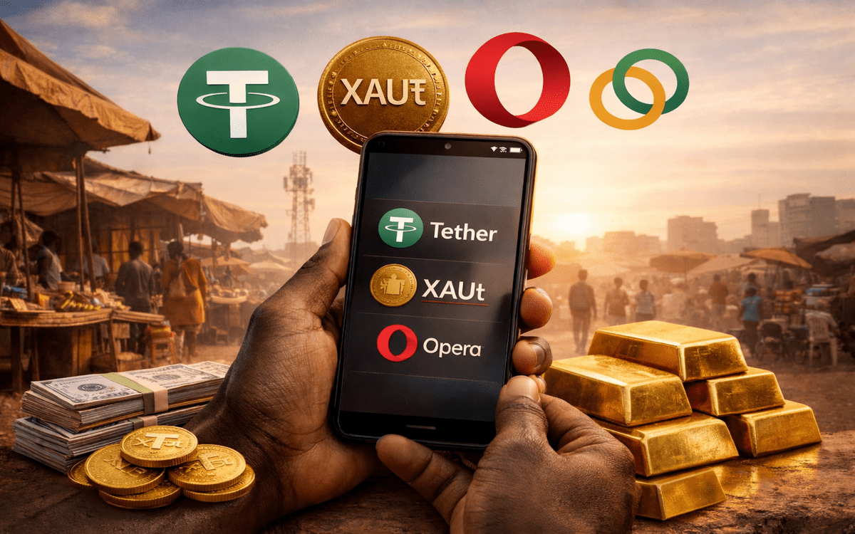 Opera MiniPay mobile wallet interface showing USD₮ and Tether Gold integration for users in emerging markets.