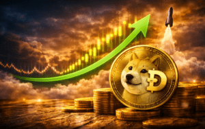 Dogecoin price chart showing support at $0.074 and consolidation zone