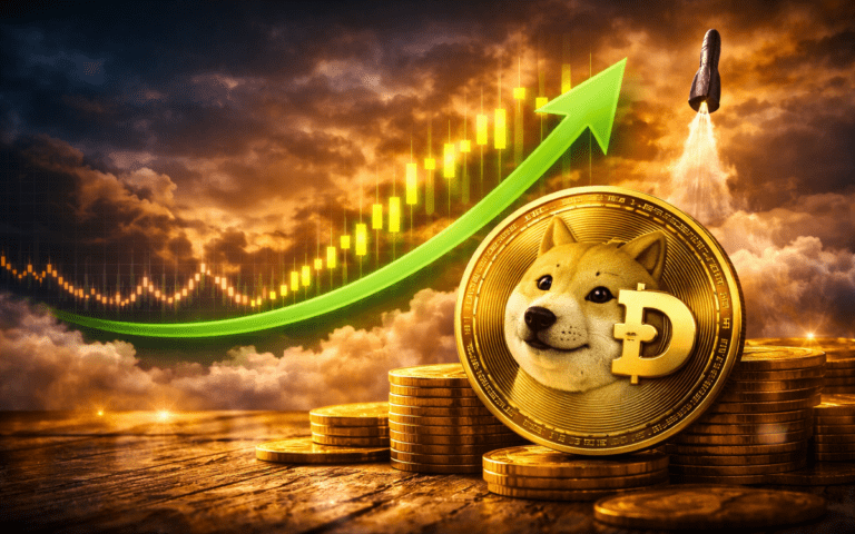 Dogecoin price chart showing support at $0.074 and consolidation zone