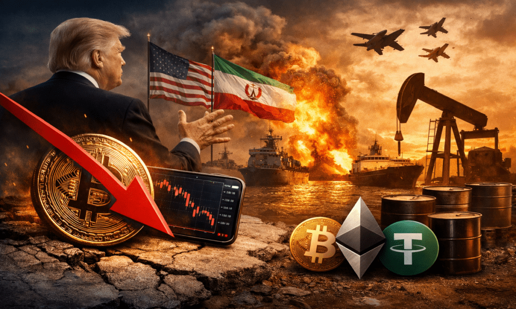 Bitcoin price chart showing a sharp decline from $71,000 to $68,000 amid U.S.-Iran deal uncertainty and rising geopolitical tensions.