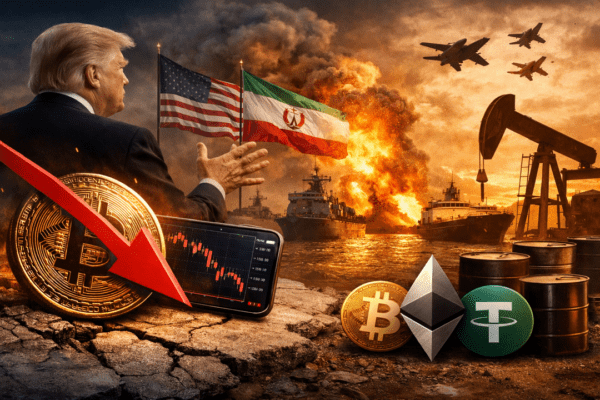 Bitcoin price chart showing a sharp decline from $71,000 to $68,000 amid U.S.-Iran deal uncertainty and rising geopolitical tensions.