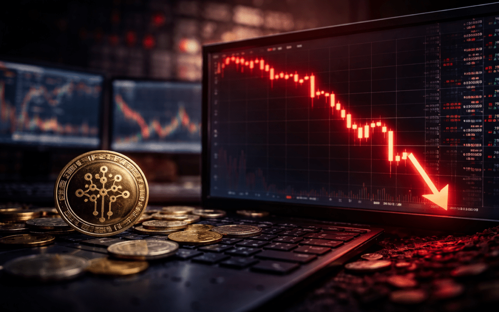 Bittensor TAO price chart showing a sharp 25% drop amid heavy selling pressure and increased trading volume