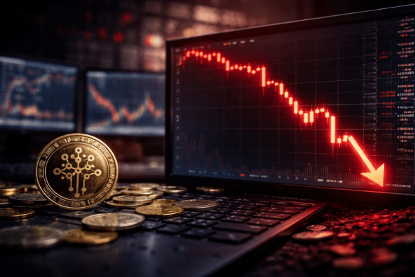 Bittensor TAO price chart showing a sharp 25% drop amid heavy selling pressure and increased trading volume