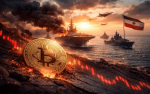 Bitcoin price chart showing decline to around $70.8K amid US-Iran geopolitical tensions and market volatility.