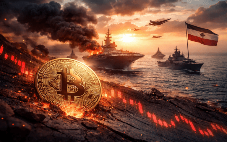 Bitcoin price chart showing decline to around $70.8K amid US-Iran geopolitical tensions and market volatility.